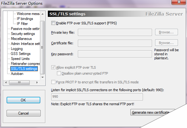 FileZilla Server配置ssl/tls