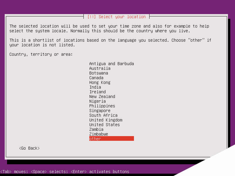 Choose Location for Ubuntu 16.04 Server