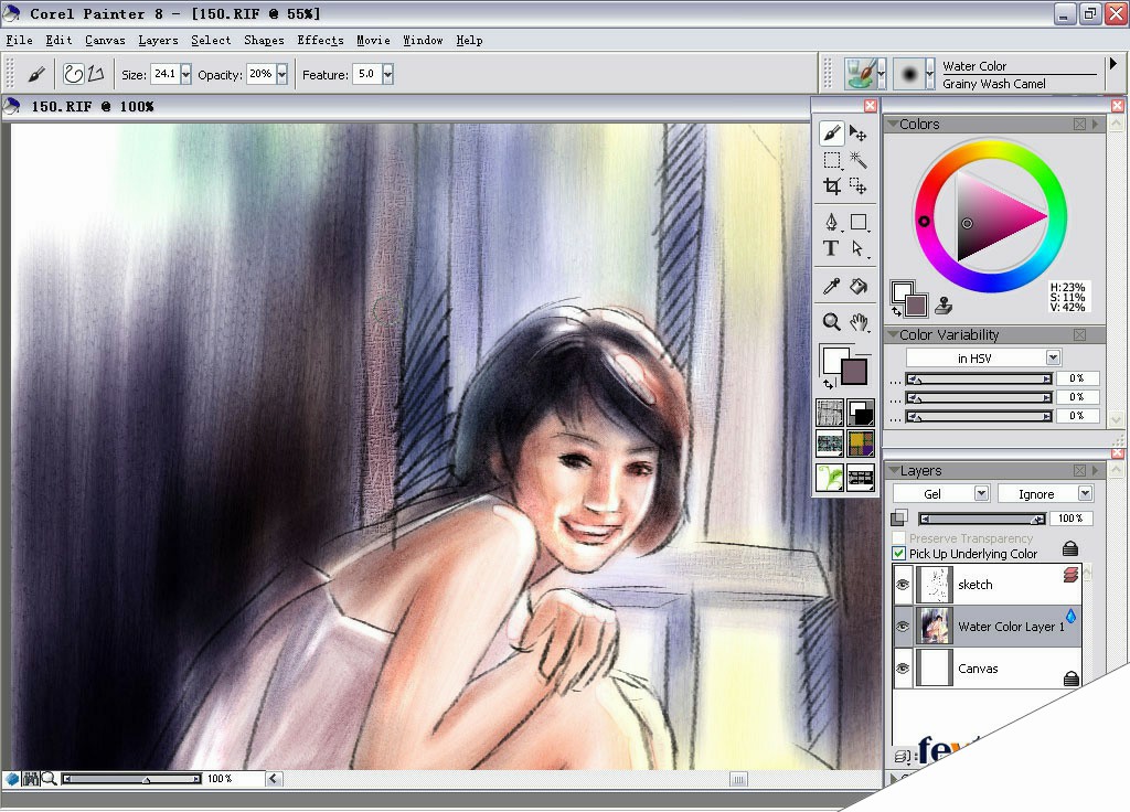 painter water color（水彩）绘制朦胧女孩 来客网 painter教程