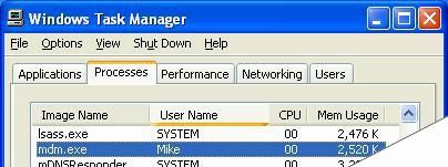 英文版Windows XP系统中正在运行的mdm.exe进程