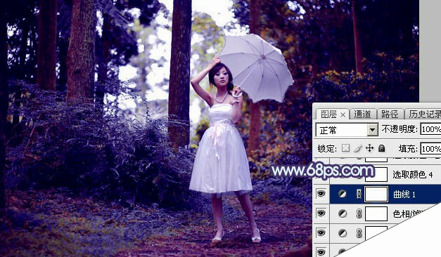 Photoshop为密林中的美女增加梦幻透射阳光色