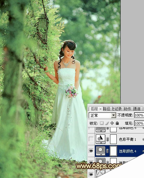 Photoshop将树林美女图片调制出甜美的粉绿色效果