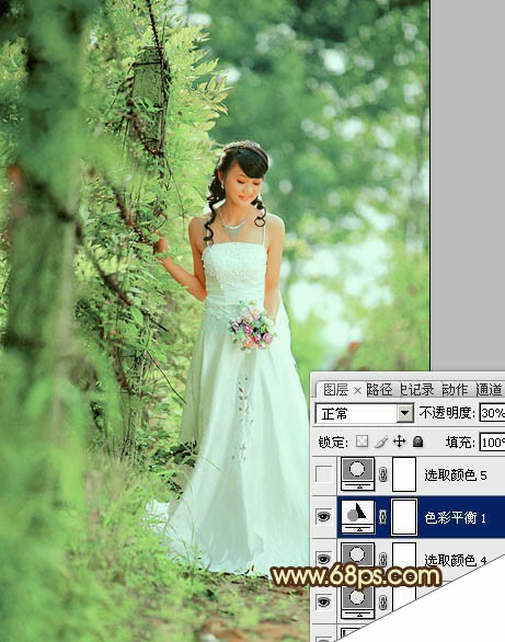Photoshop将树林美女图片调制出甜美的粉绿色效果