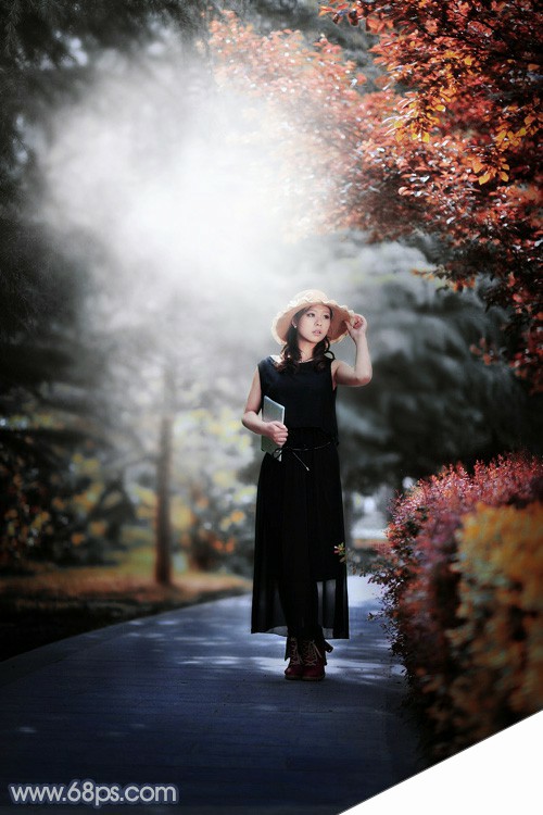 Photoshop调制出唯美的暗调秋季色树林人物图片