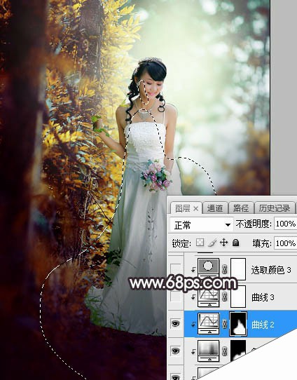 Photoshop将树林婚片打造甜美的逆光青红色