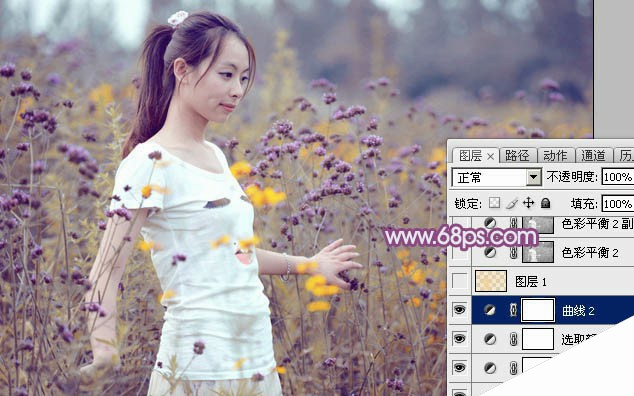 Photoshop为站在野花从中的美女调制出柔美的淡紫色