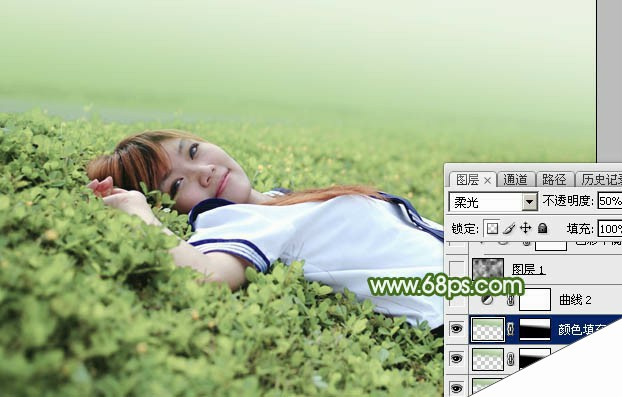 Photoshop将草地上的美女图片增加唯美的春季粉绿色