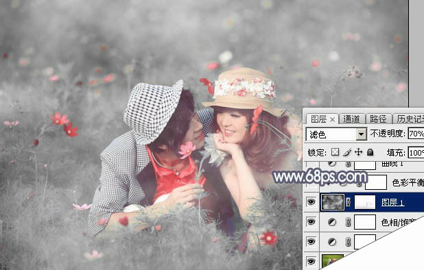 Photoshop将野花中的情侣增加梦幻的中性蓝灰色