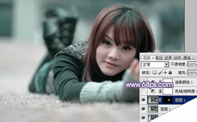 Photoshop为冬季美女增加淡淡的韩系紫蓝色