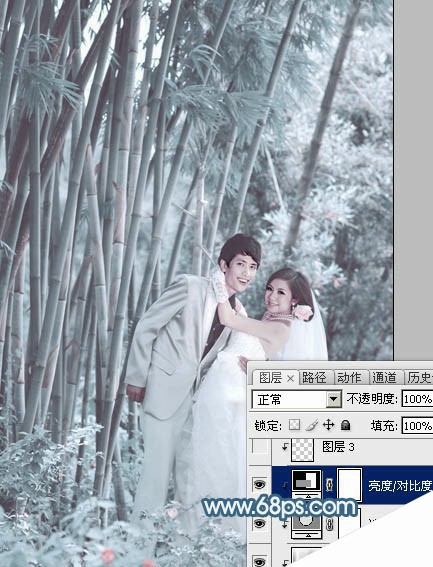 Photoshop为竹林婚片调制出梦幻复古的淡调青蓝色