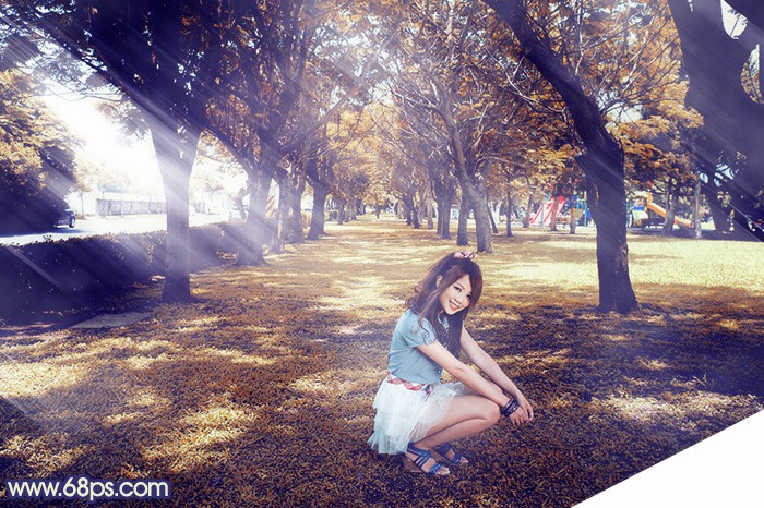 Photoshop将树荫下的美女调制出秋季阳光色效果