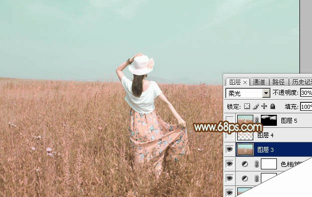 Photoshop为草原人物图片打造出韩系淡粉色