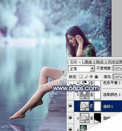 Photoshop调制出梦幻的淡调青蓝色池塘边的人物图片