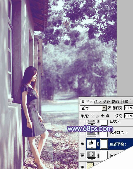 photoshop利用通道替换将房檐下美女图片增加上柔和的蓝色效果