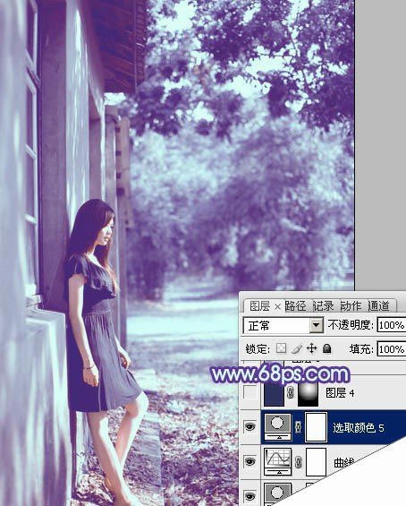 photoshop利用通道替换将房檐下美女图片增加上柔和的蓝色效果