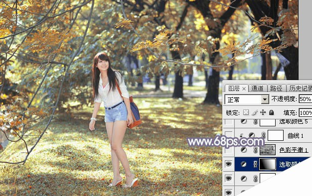 Photoshop为树林美女图片调制出秋季唯美阳光色