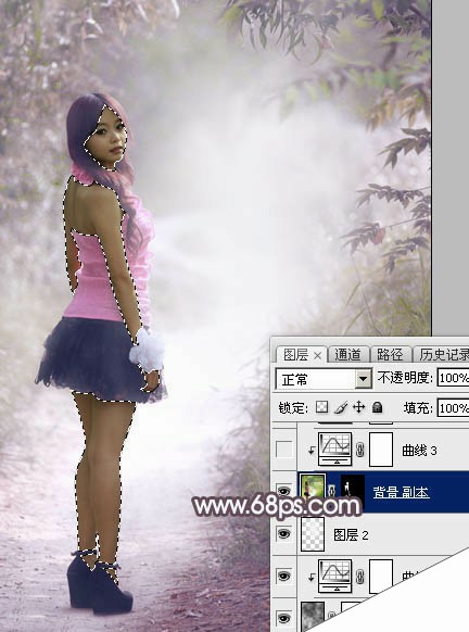 Photoshop为树林人物图片打造梦幻的淡调蓝紫色