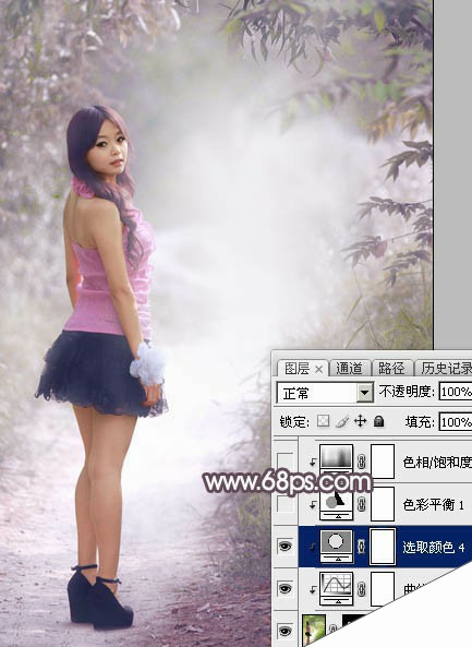 Photoshop为树林人物图片打造梦幻的淡调蓝紫色