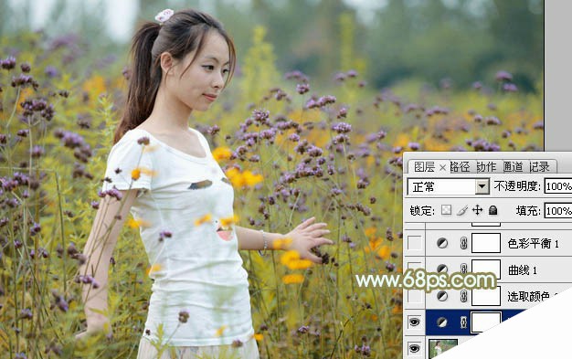 Photoshop为野花中的美女加上小清新的粉黄色