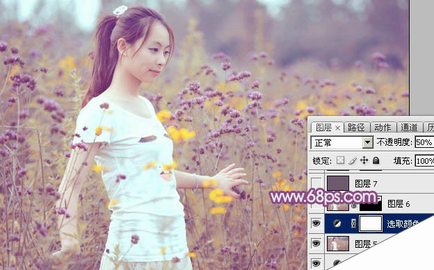 Photoshop为站在野花从中的美女调制出柔美的淡紫色