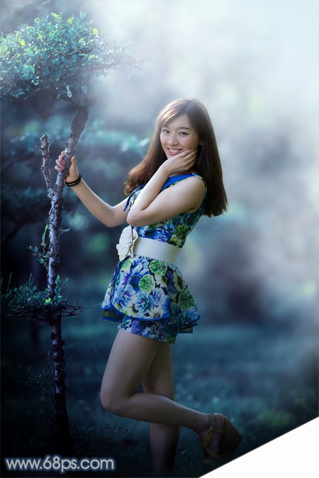 Photoshop将树林人物图片打造出唯美的夏季青蓝色