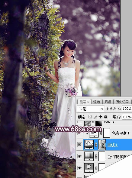 Photoshop将树林婚片打造唯美的淡紫色特效
