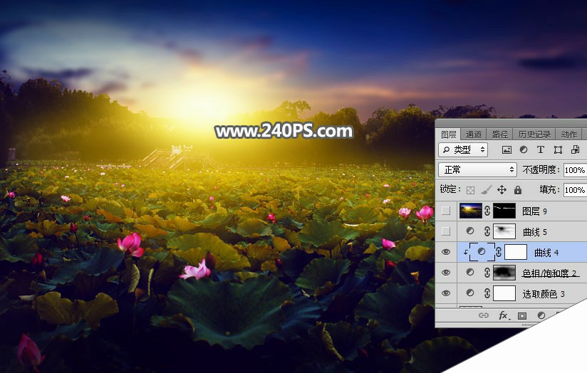 Photoshop怎么给荷花池外景照片快速添加夕阳美景效果？