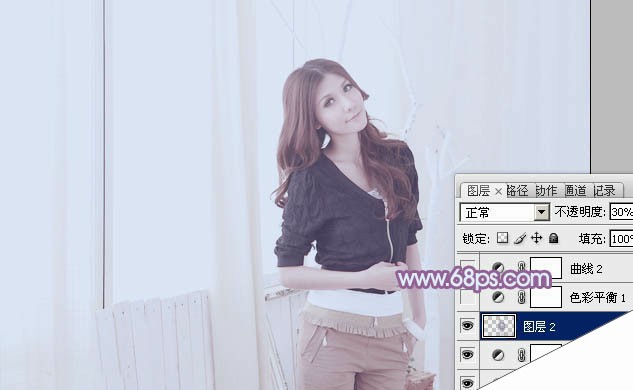 Photoshop为室内美女调制出柔和的韩系淡紫色