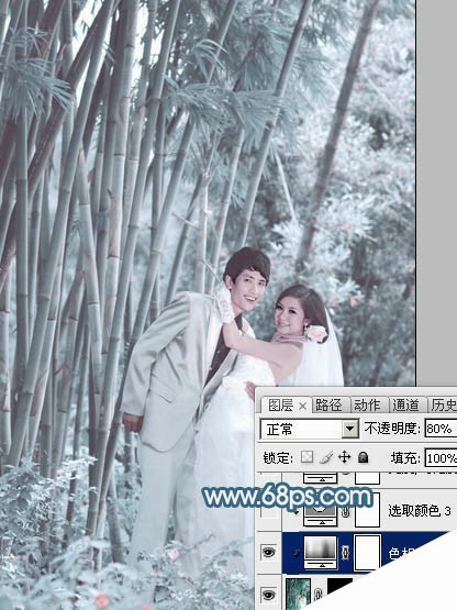 Photoshop为竹林婚片调制出梦幻复古的淡调青蓝色