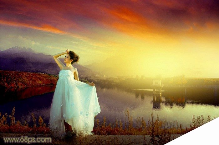 Photoshop为水塘边的美女调制出梦幻唯美的晨曦阳光色